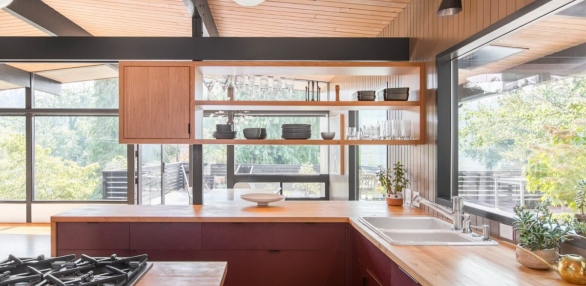 dark red cabinets in kitchen